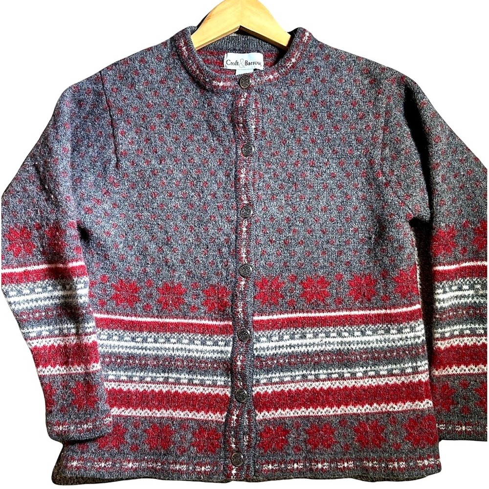 Croft & Barrow 100% Wool Nordic Cardigan Sweater Womens M Fair Isle Knit Gray